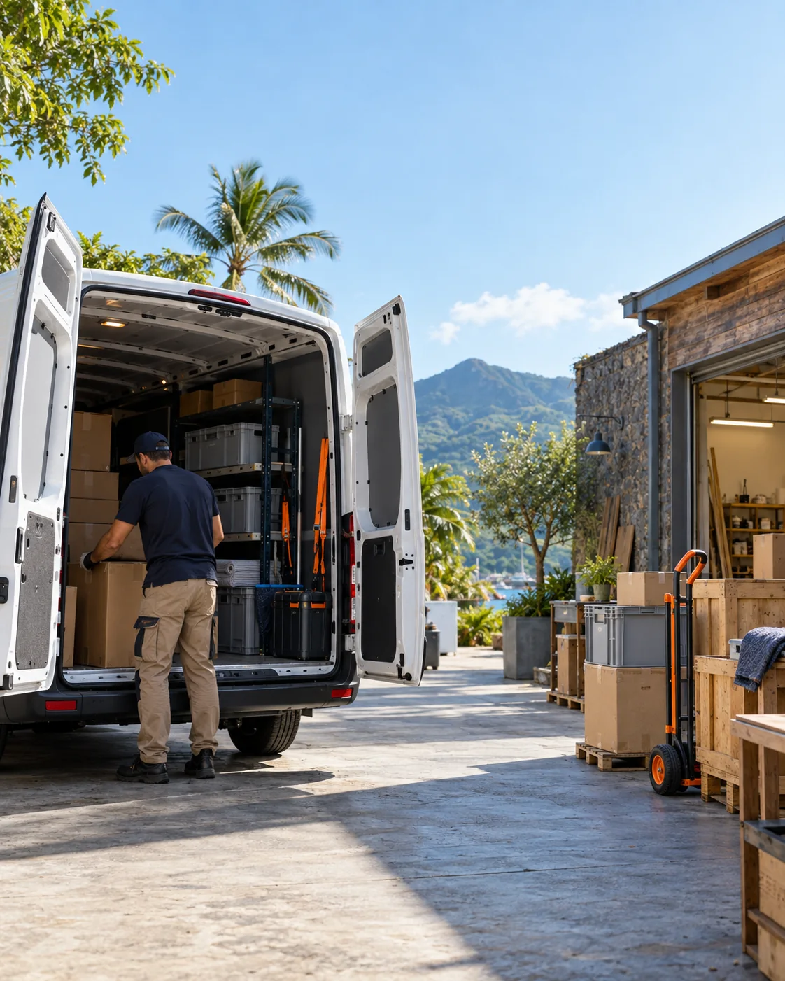Professionnels organisant un chargement dans un utilitaire
