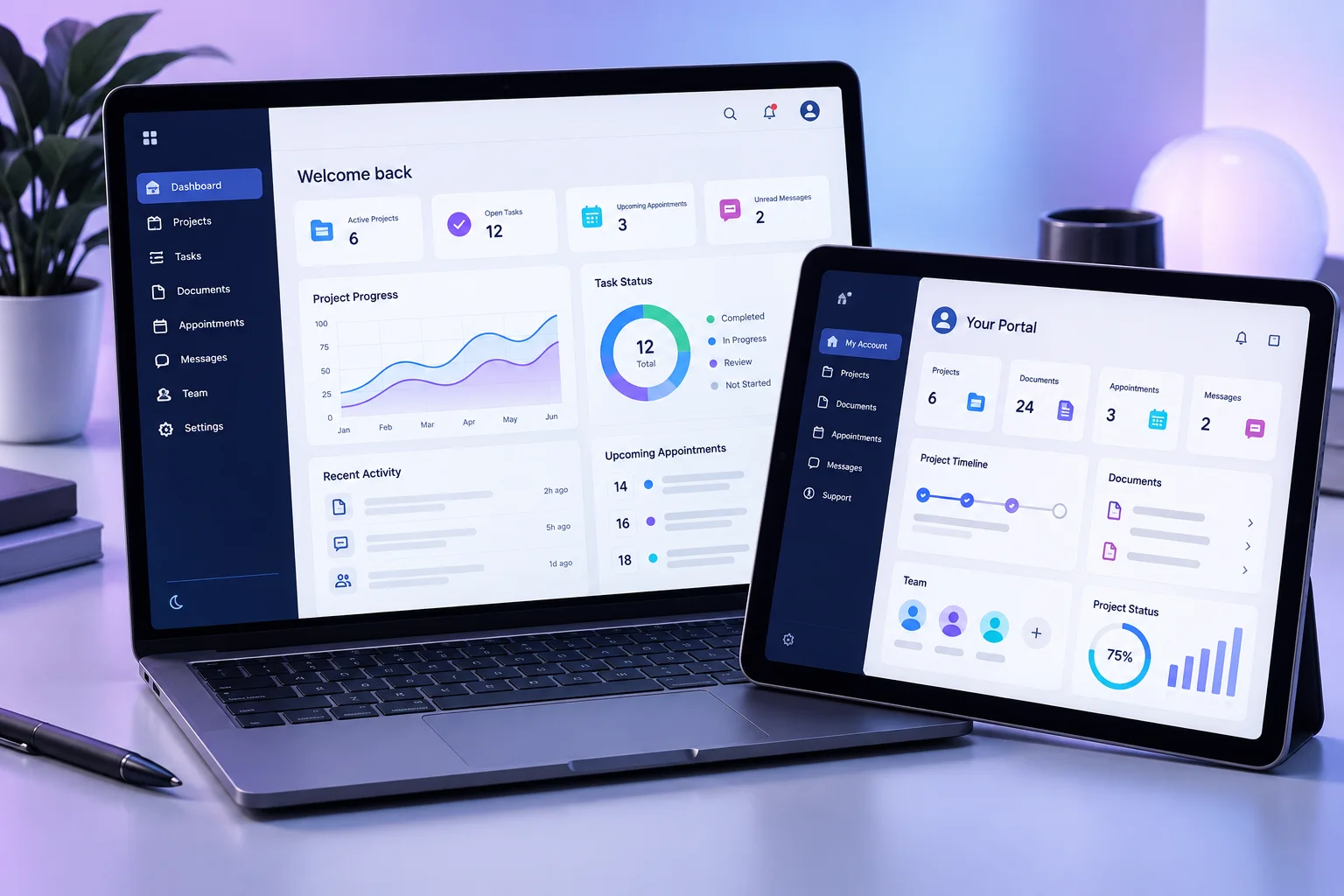 Exemple de portail client sur mesure avec documents et tableau de bord