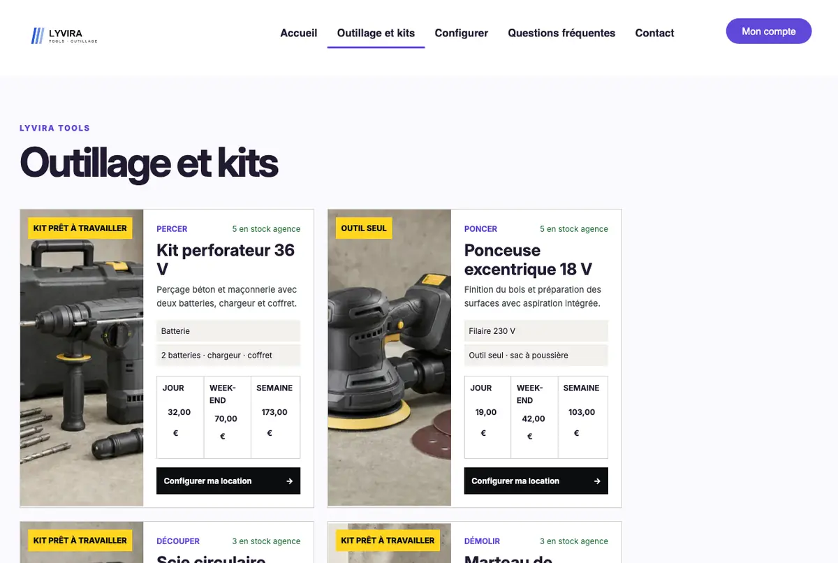 Outils et kits, avec le stock de l’agence