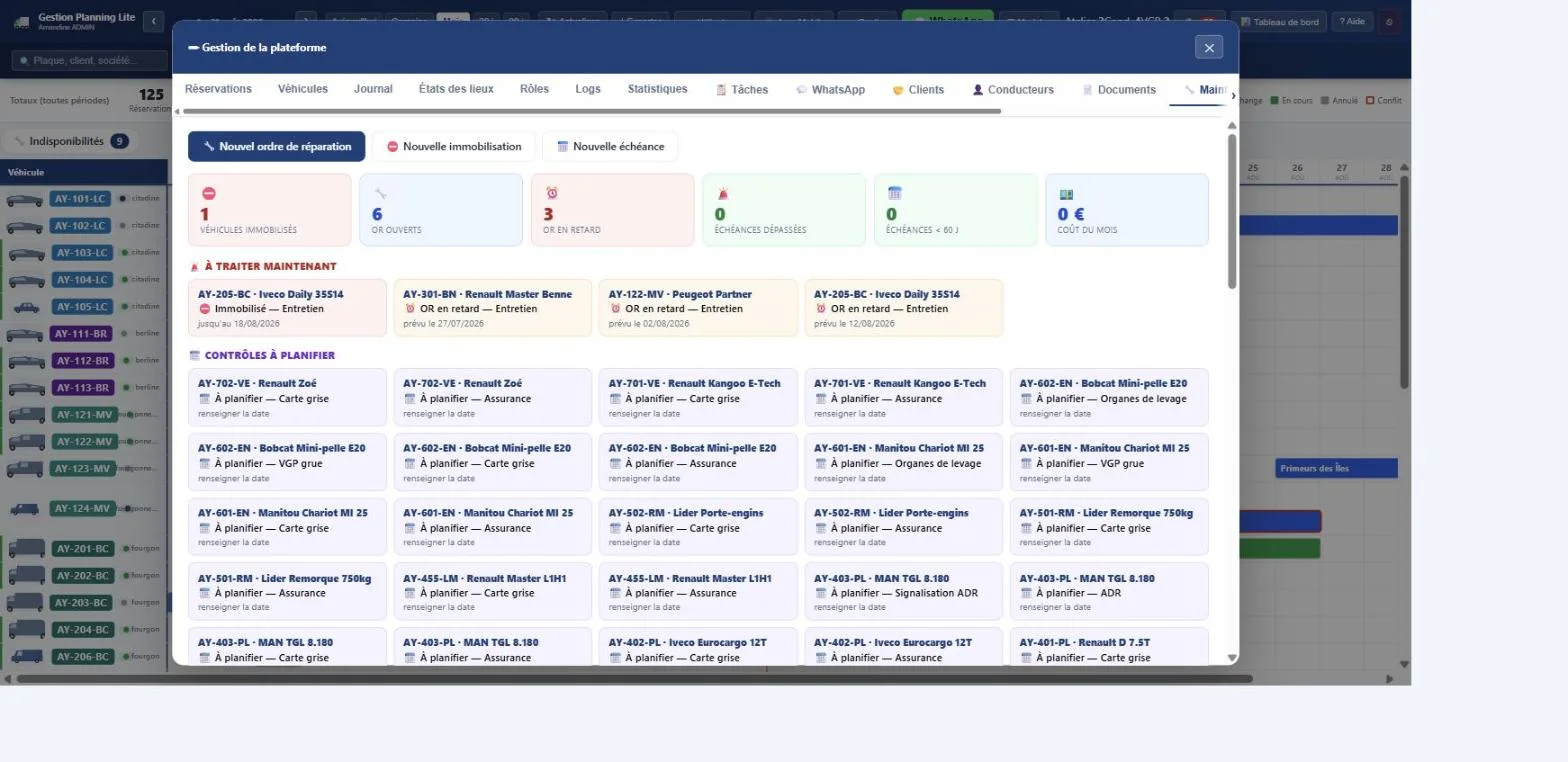 Vue maintenance de Gestion Planning Lite