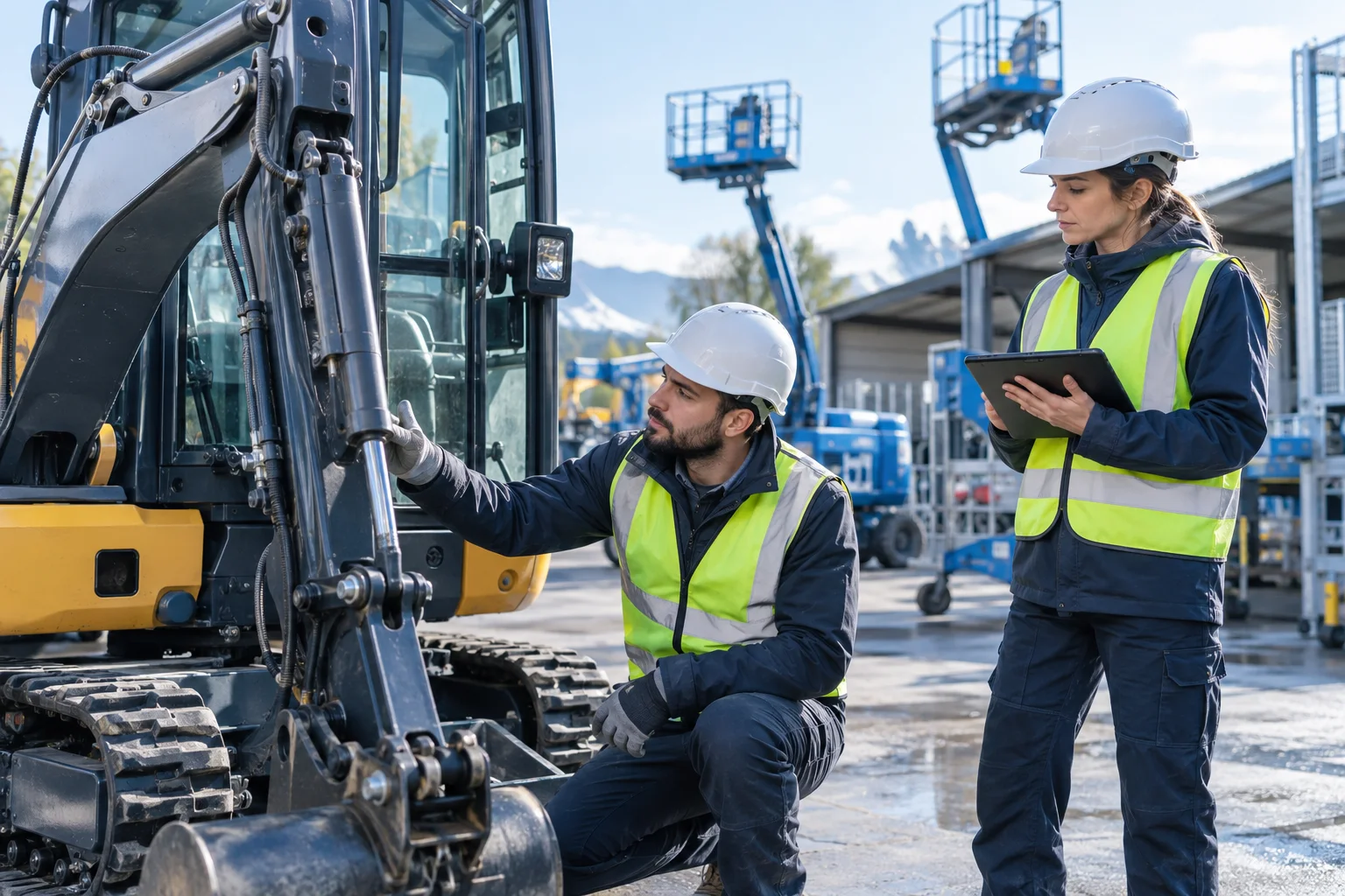 Équipe technique réalisant un contrôle VGP et sécurité sur un engin de chantier
