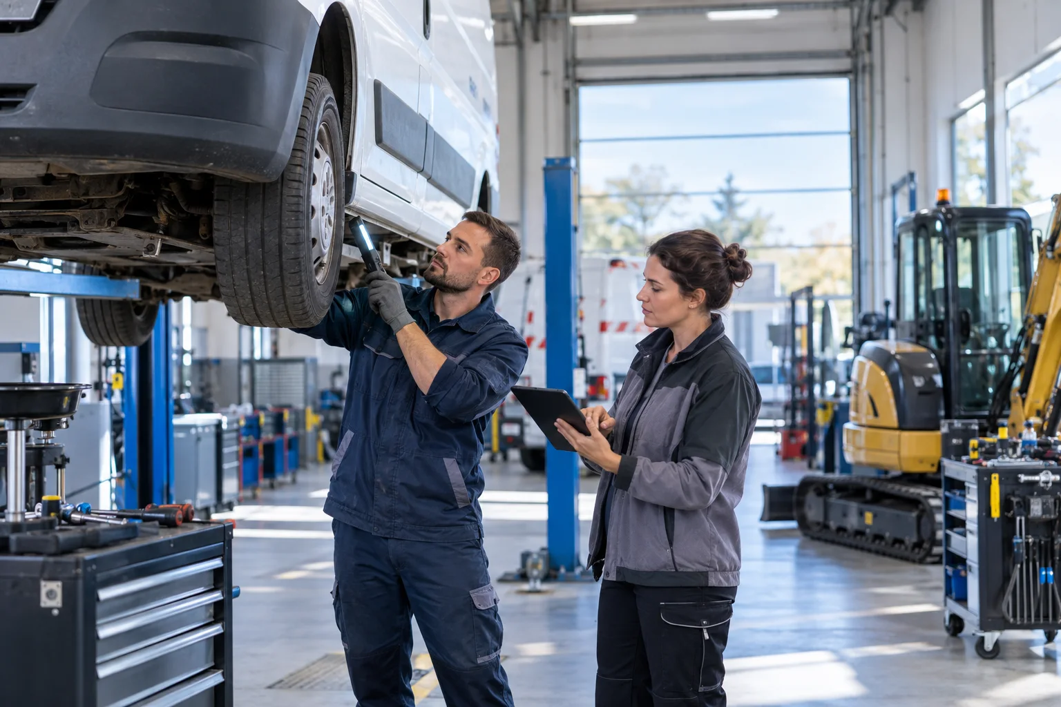 Technicien et responsable d’atelier suivant une intervention de maintenance sur une flotte mixte