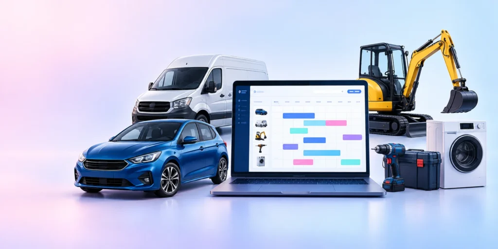 Ordinateur de gestion entouré d’une voiture, d’un utilitaire, d’un engin de chantier, d’outillage et d’un appareil électroménager