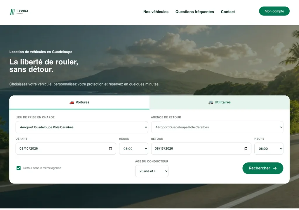 Aperçu du site de location de voitures sur ordinateur